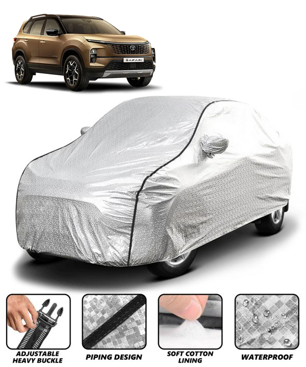 Carzex Waterproof & Heat Resistant Metallic Silver With Black Border Car Body Cover with Mirror Pockets For Tata Safari